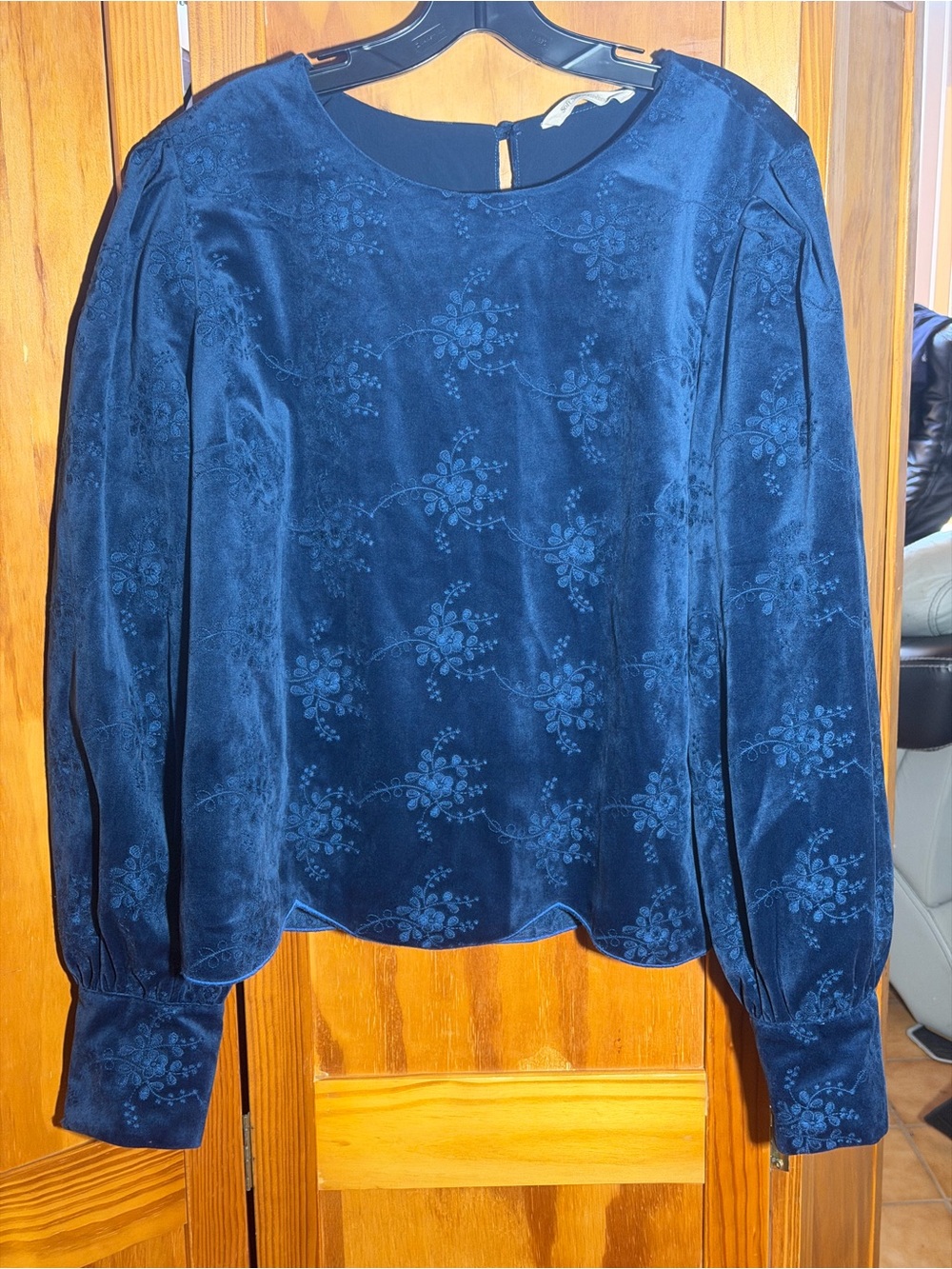 Soft Surroundings Navy Floral Velvet Long Sleeve Blouse|Sz L|Victorian